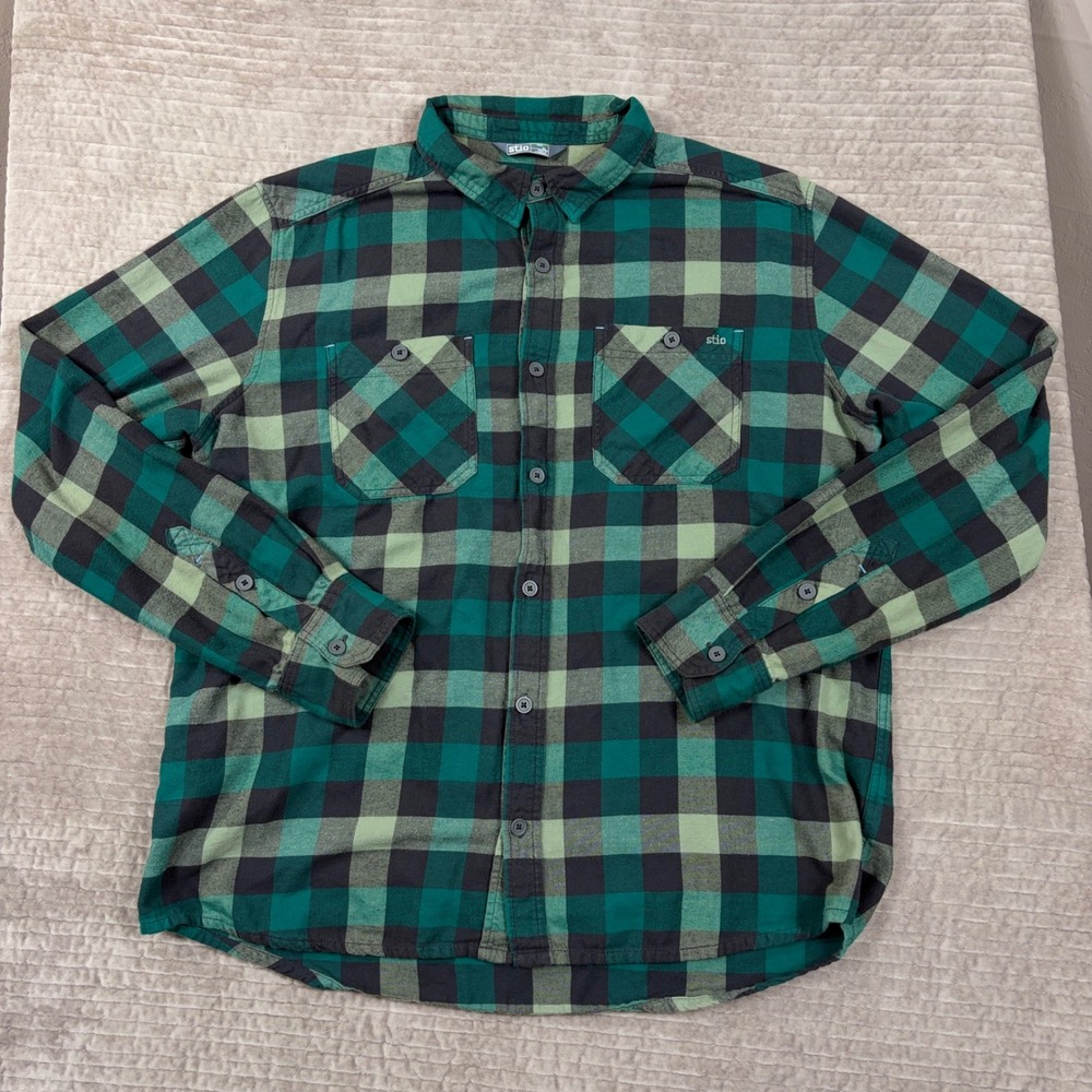 Stio Mens Vast Flannel Shirt Green Black Buffalo Plaid Organic Cotton XL